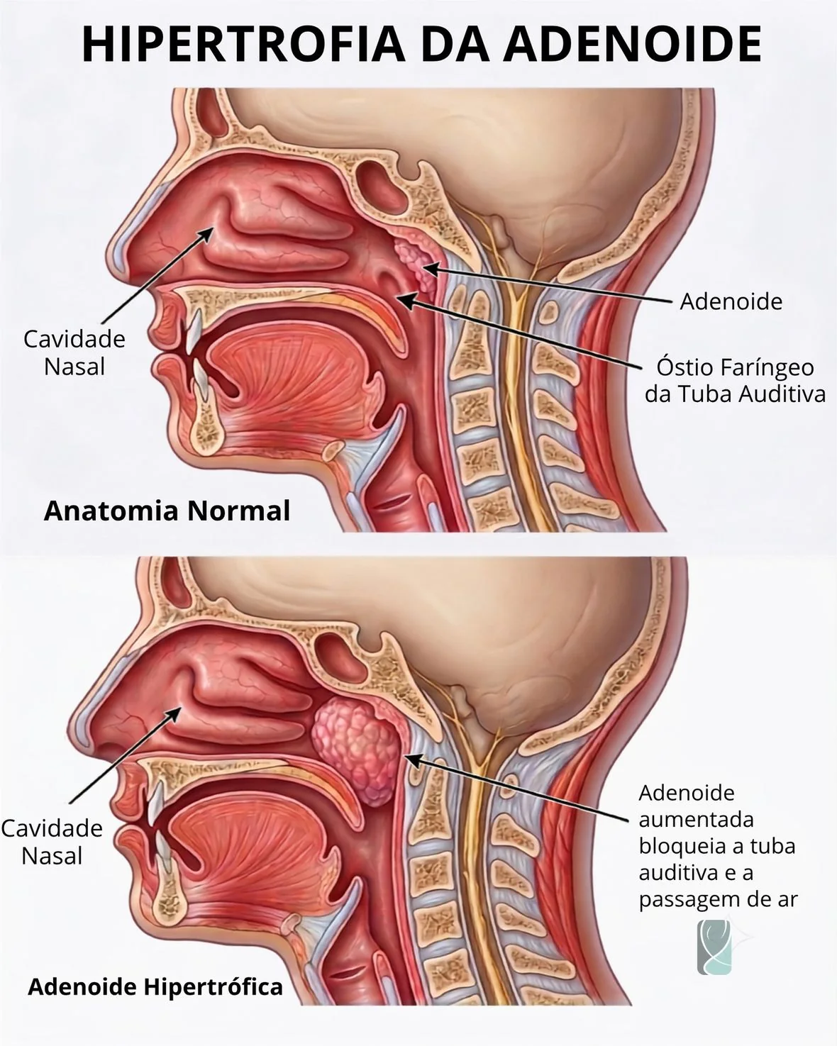 Ilustração comparando a anatomia normal e a hipertrofia da adenoide bloqueando a tuba auditiva