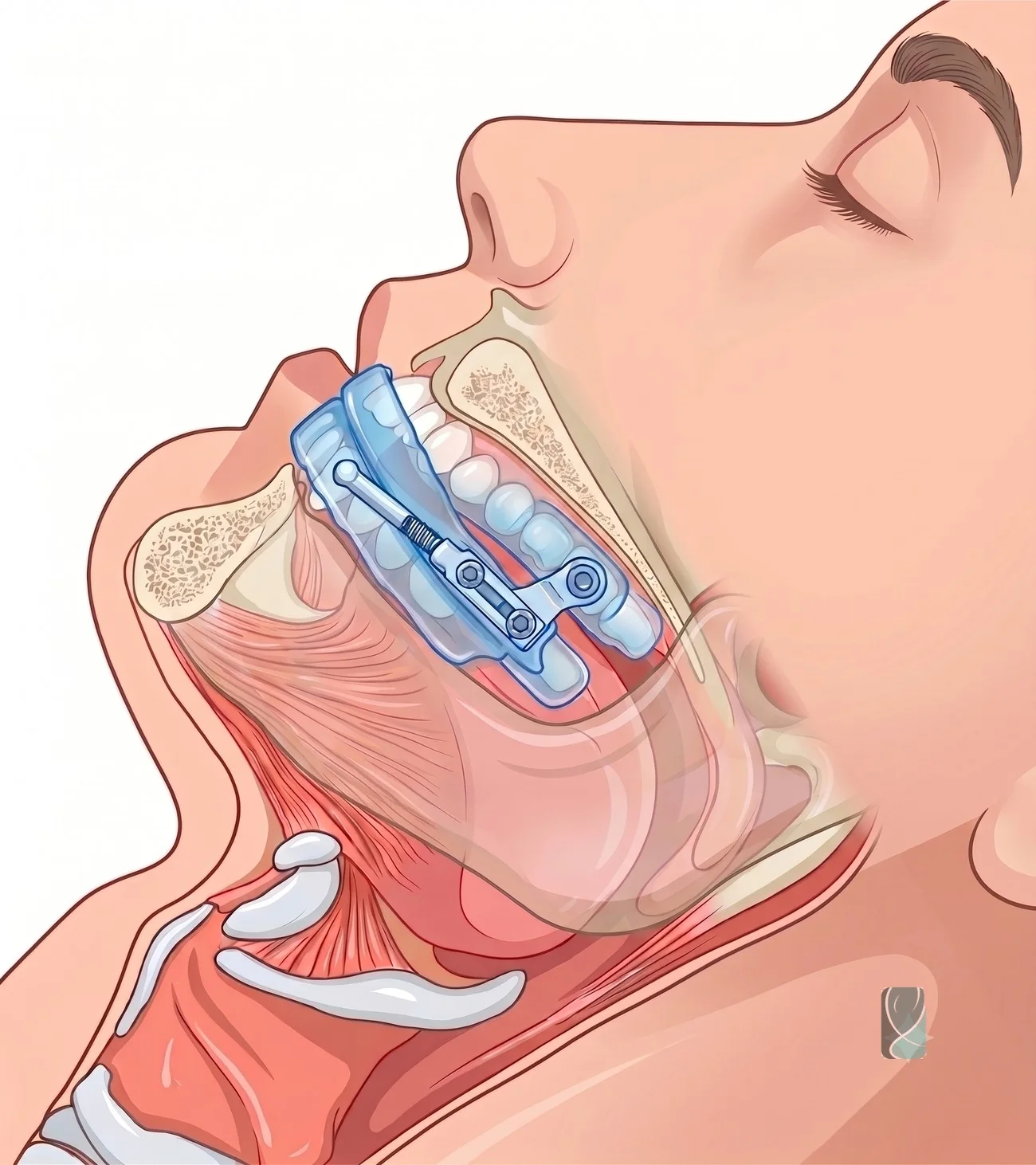 Ilustração do aparelho intra-oral usado no tratamento do ronco e da apneia do sono