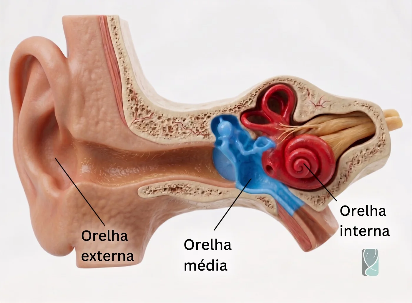 Ilustração anatômica da orelha, mostrando a divisão em orelha externa, orelha média e orelha interna