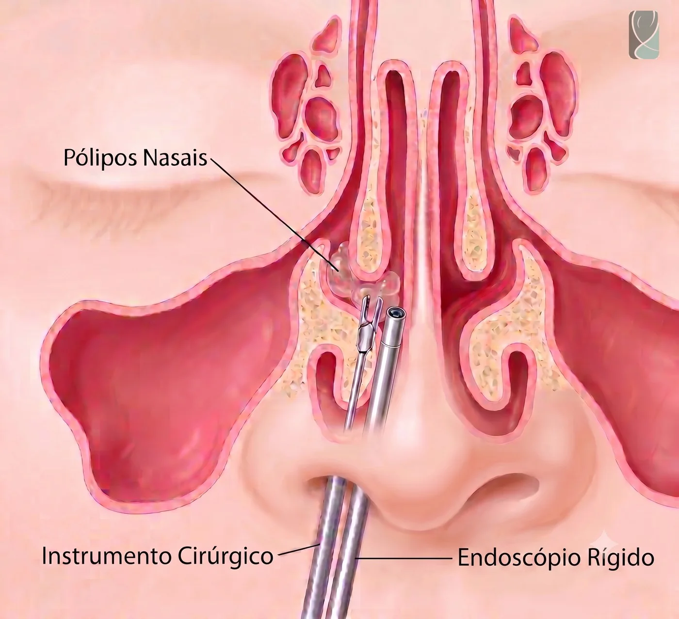 Ilustração da cirurgia endoscópica dos seios da face para desobstrução dos óstios
