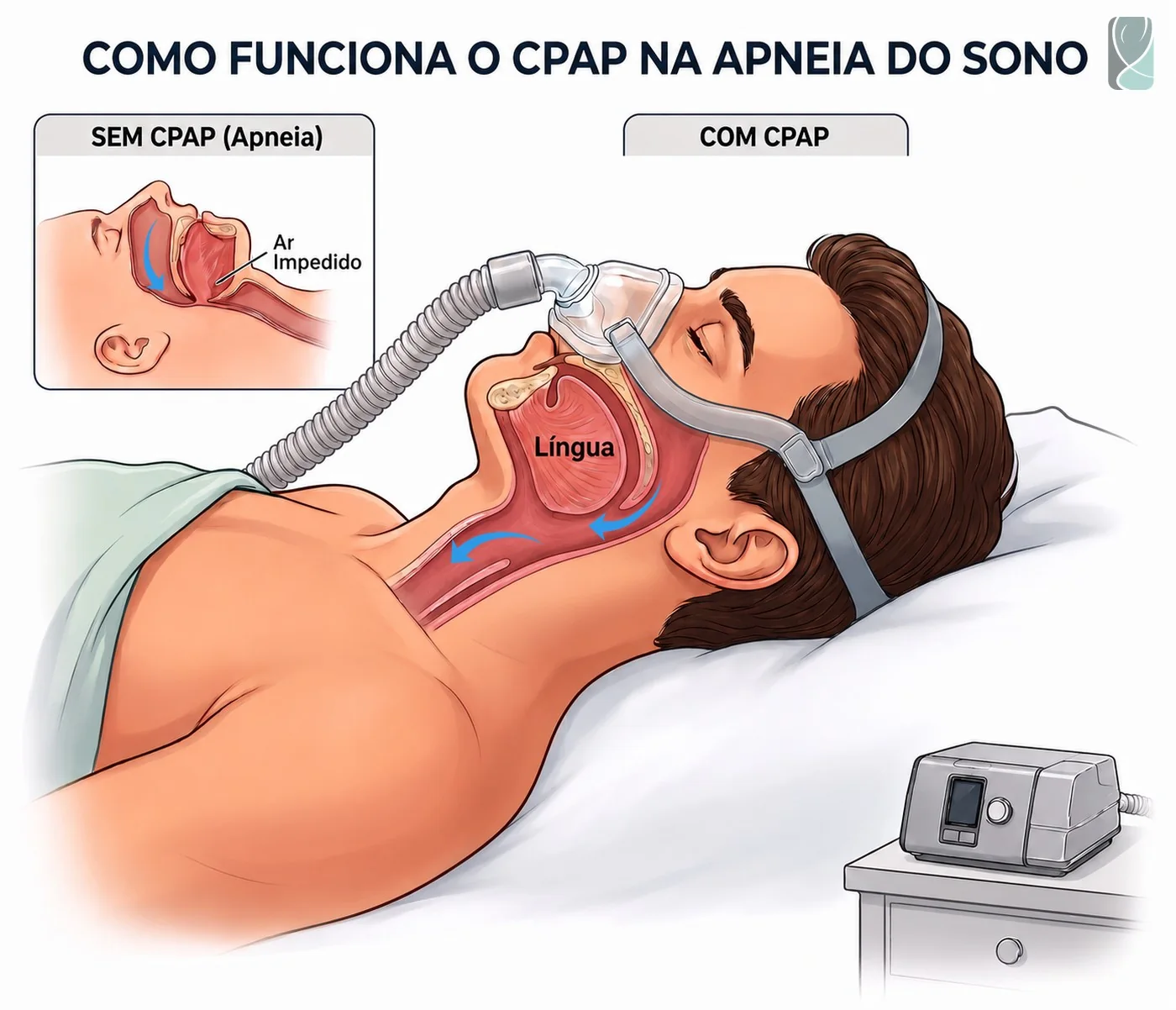 Ilustração do aparelho de CPAP utilizado no tratamento de ronco e apneia do sono