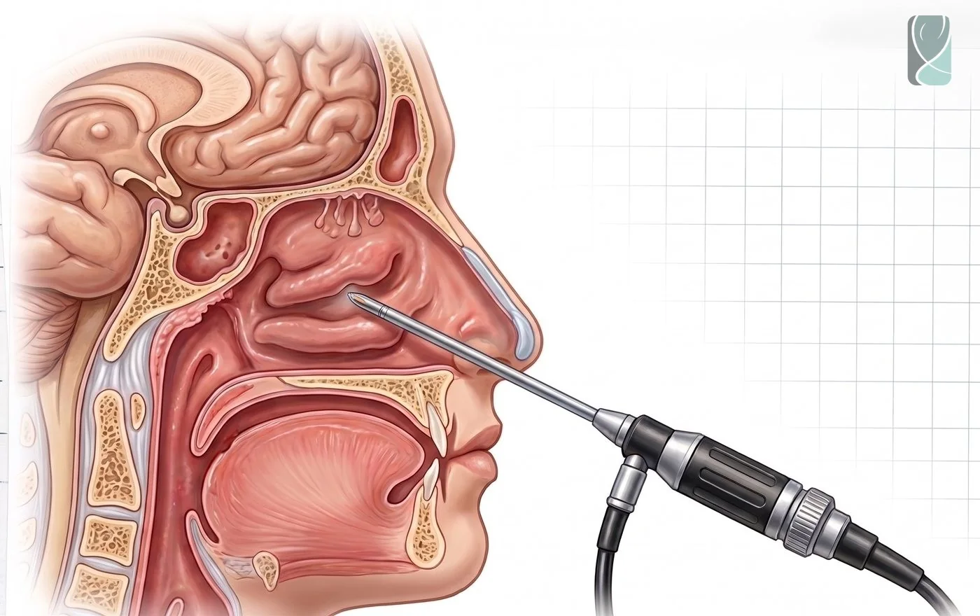 Ilustração da cirurgia endoscópica de correção do desvio de septo nasal, feita por dentro das narinas