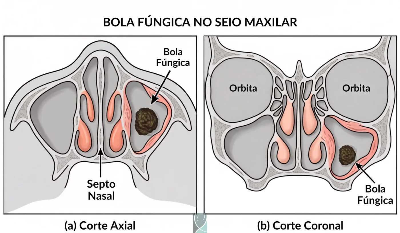 Ilustração da bola fúngica (micetoma) no seio maxilar, em corte axial e coronal