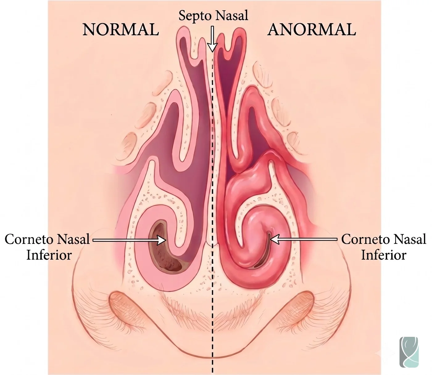 Ilustração comparando a concha nasal inferior normal e a concha nasal inferior aumentada (anormal) causando obstrução da passagem do ar