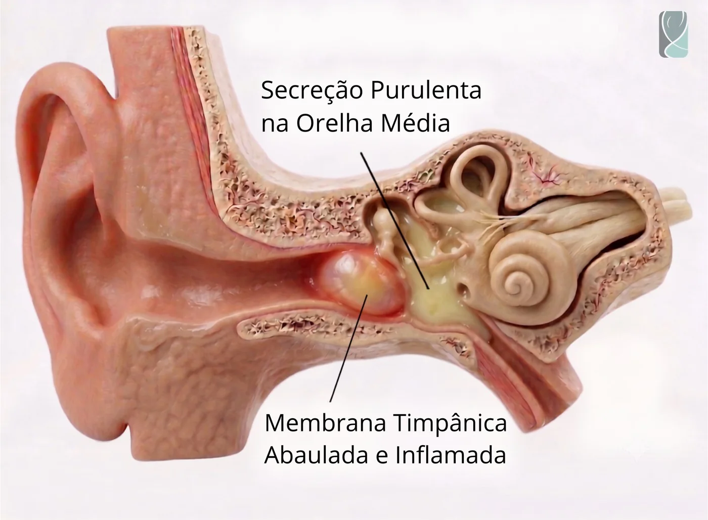 Ilustração de otite média aguda, com secreção purulenta na orelha média e membrana timpânica abaulada e inflamada
