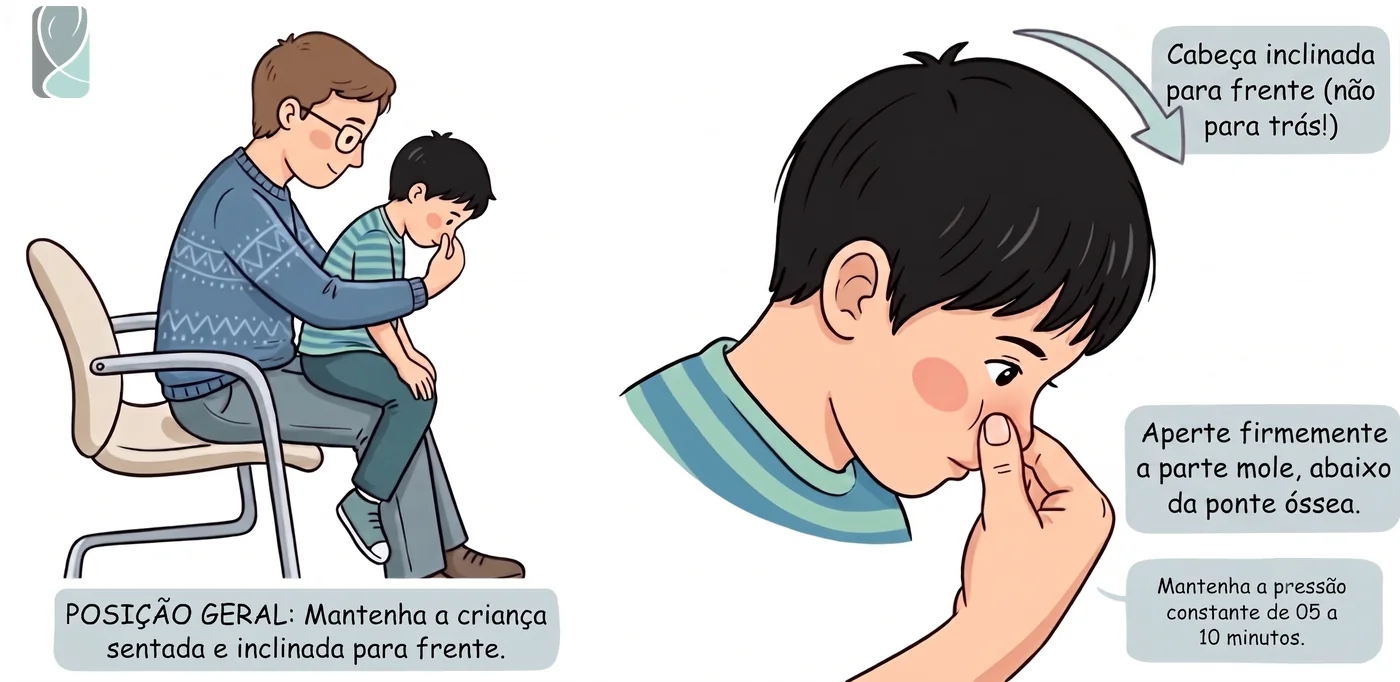 Ilustração das medidas para conter um sangramento nasal (epistaxe)