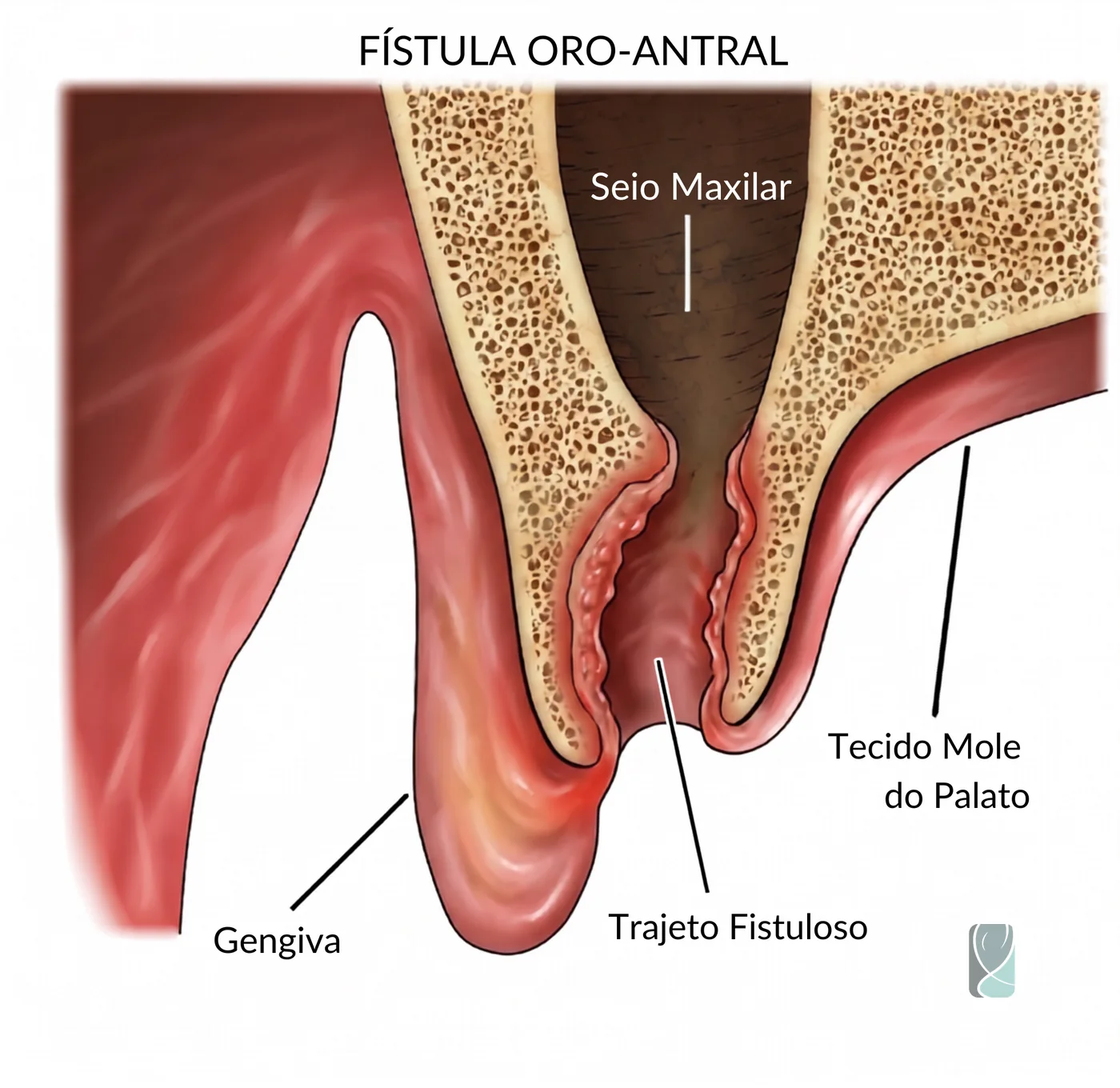 Ilustração de fístula oro-antral, comunicação entre a cavidade oral e o seio maxilar