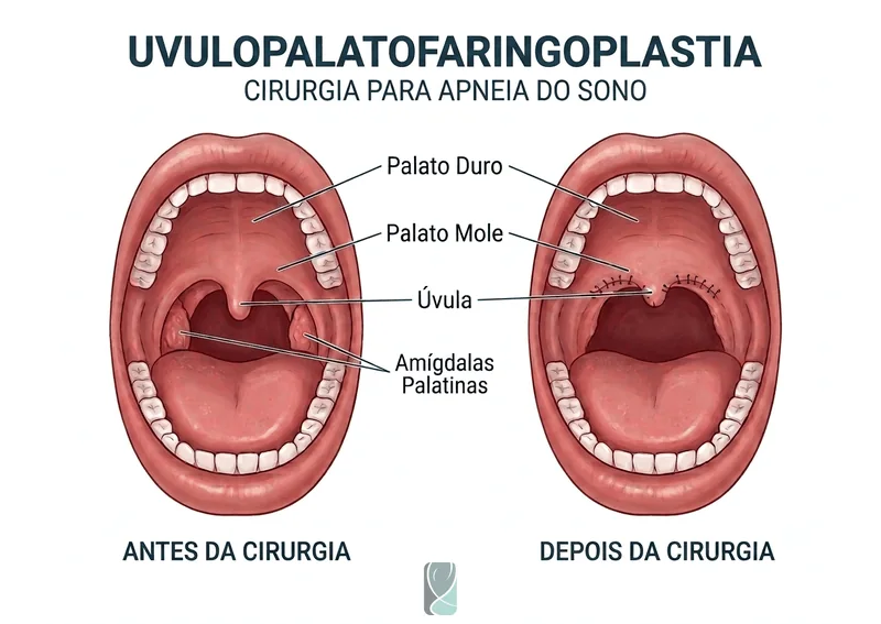 Ilustração da cirurgia de uvulopalatofaringoplastia (UPPP) para tratamento do ronco e da apneia